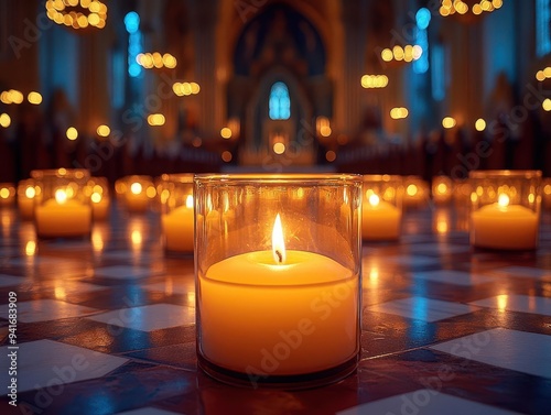 atmospheric scene of glowing candles in a grand cathedral creating a reverent ambiance for all saints day observance