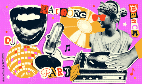 Grungy music halftone collage set with record player, vintage microphone, singing mouth, anti-establishment antique statue. Retro paper collage cut-out elements. Vector illustration.