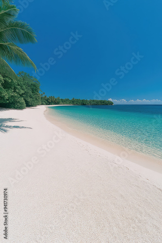 A pristine beach featuring turquoise water, soft white sand, lush greenery in the background, and a bright blue sky, making it an ideal tropical getaway.