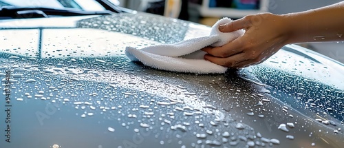 A detailed shot of a car hood covered in water spots and residue, with someone carefully wiping it clean using a microfiber cloth for thorough removal and a pristine finish