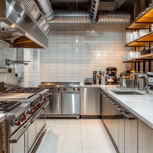 Sleek Stainless Steel Kitchen with White Tile and Exposed Ductwork 179 characters