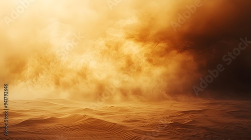 A dramatic desert landscape with swirling sand and a golden-orange sky.