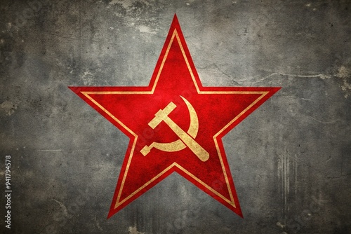 A retro-style communist propaganda poster featuring a bold red star, hammer, and sickle on a grey background, evoking nostalgia for the Soviet era.