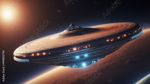 A flying saucer in the vastness of space Science fiction UFOs.