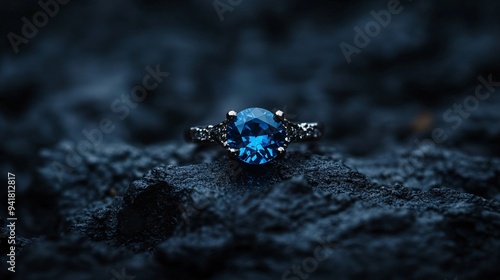 A dark charcoal surface showcasing a single bright blue sapphire ring, the gemstone glowing softly against the backdrop