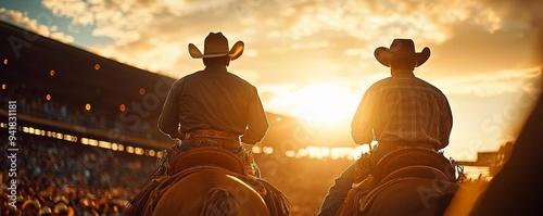 Cowboys riding into the sunset at Calgary Stampede, vibrant skies with golden light reflecting off their outfits, crowds cheering in the arena