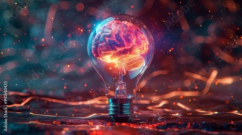 A creatively designed light bulb with a brain inside, symbolizing innovation, creativity, and bright ideas against a glowing abstract backdrop.