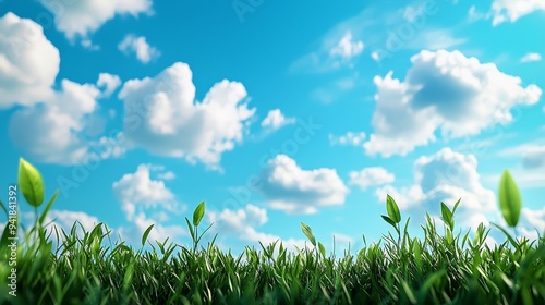 Bright blue sky with soft white clouds, peaceful atmosphere, 3D illustration