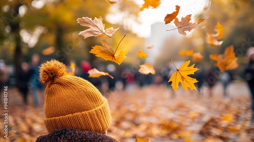 A brisk, windy autumn day with leaves swirling through the air and people bundled up in warm clothing