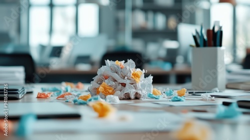 A messy office desk filled with a pile of crumpled papers in various colors, portraying disorganization and the hectic nature of office work and creativity.