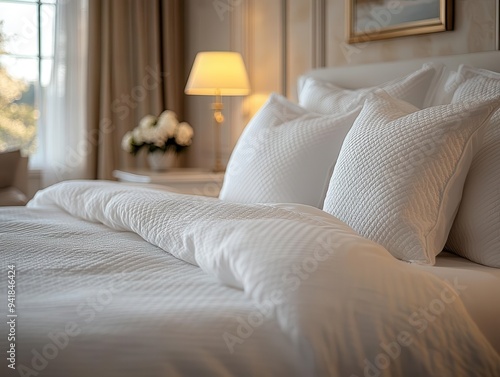 luxurious hotel suite with crisp white linens plush pillows and soft ambient lighting