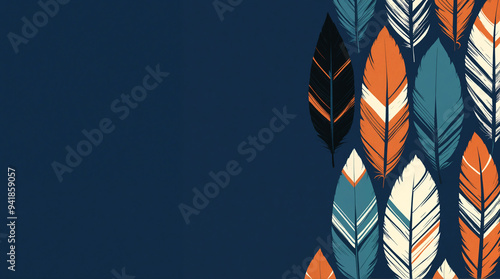 Ameridian, tribal, ethnic indigenous feathers on dark blue background with copy space. Traditional illustration for Native American Heritage Month November celebration