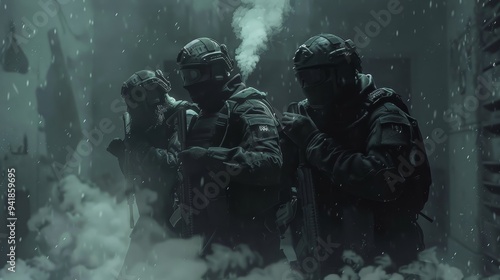 A gripping image of three soldiers dressed in protective tactical gear moving through a smoke-filled area, prepared for a critical mission.