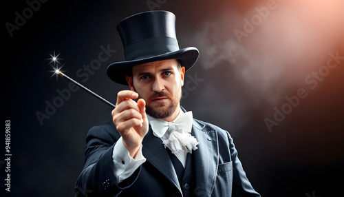 Magician with a wand and a hat performing isolated with white highlights, png