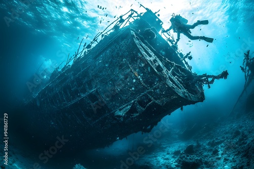 Diver diving inside of the shipwreck