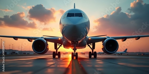 A modern passenger airplane on the runway, ready for takeoff, with a sleek design and bright colors against a clear blue sky, showcasing advancements in aviation technology