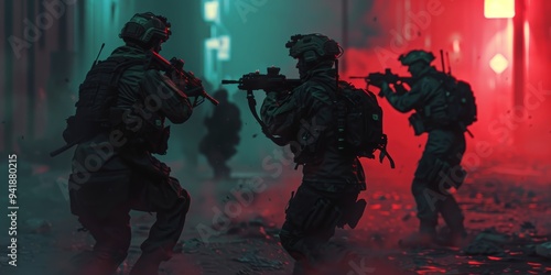 This image captures military personnel in tactical gear, one aiming a weapon with dramatic colored lighting and smoke setting the intense action scene.