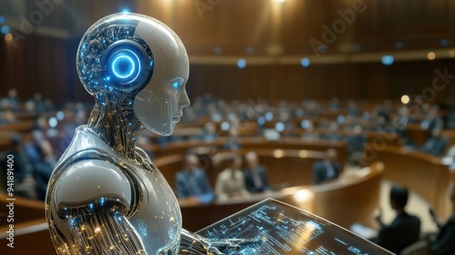 A courtroom scene where a judge is replaced by an AI, with human defendants looking anxious, representing the ethical dilemmas in AI-driven justice.