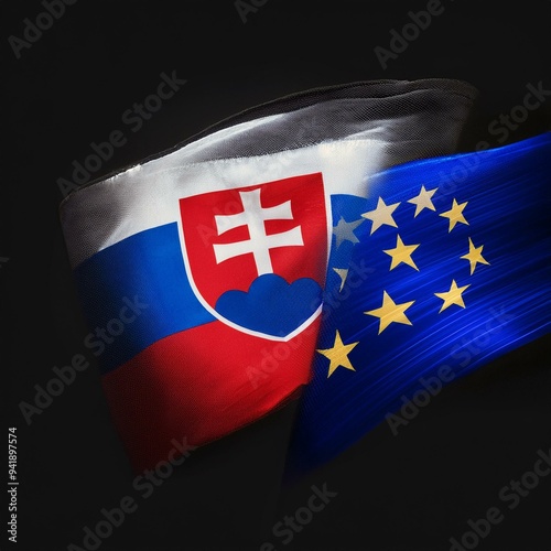 Slovakia and european union flag united in the wind on a black background. Slovakia presidency in european union