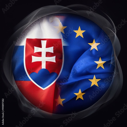 Slovakia and european union flag united in the wind on a black background. Slovakia presidency in european union