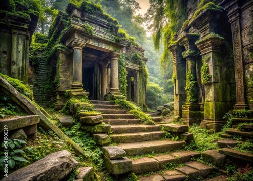 Crumbled ancient temple columns surrounded by overgrown vegetation, vines, and moss, with a weathered stone staircase leading to a mysterious, forgotten entrance.