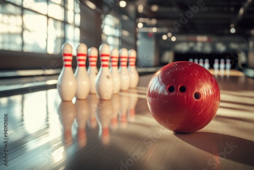 A bowling ball and pins, with a blurred background.