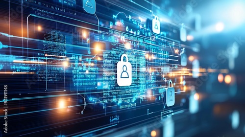 A visual representation of secure data access protected by firewall layers, emphasizing multifactor authentication, recovery protocols, and credential security