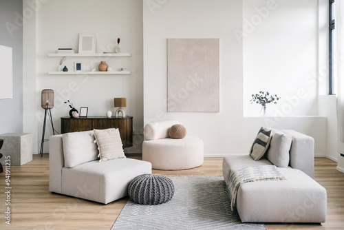 Modern living room with minimalist furniture and neutral decor