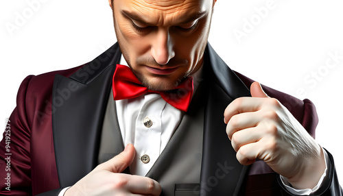 Man in expensive suit of illusionist-conjurer isolated with white highlights, png