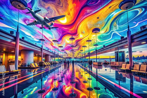 Surreal Airport Dreamscape: Imaginative, distorted, airport signs, melting shapes, vibrant colors