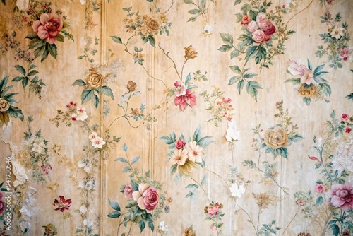 Faded, peeling, and worn, vintage wallpaper with floral patterns and distressed texture clings to a worn, off-white wall, telling a story of forgotten elegance.