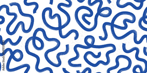 Abstract ink brush waves, squiggles, strokes vector seamless pattern. Blue swirls, scribbles background