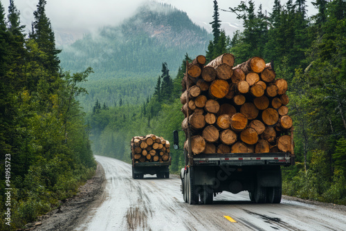 Logging truck is transporting large load of freshly cut timber logs through muddy road in forest