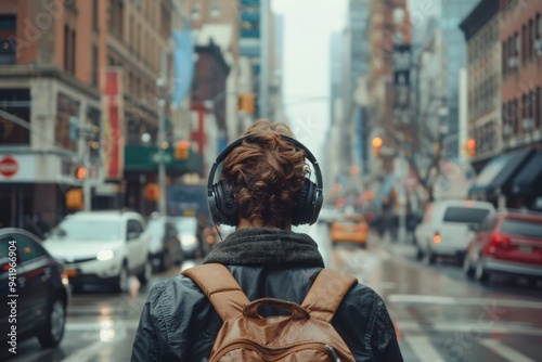 A lone individual walks down a city street wearing headphones, lost in their own world