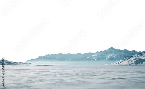 Vast empty snowy frozen winter landscape with mountain range in the distant horizon. Isolated transparent background PNG. Frozen river.