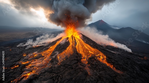 A volcanic eruption with flowing lava and ash clouds against a dramatic sky.