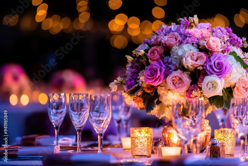 An elegant table arrangement featuring a lush bouquet of pink and white flowers, beautifully illuminated by warm candlelight, ideal for grand dinner events.