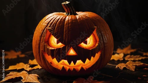 Glowing Halloween jack-o-lantern pumpkin among autumn leaves