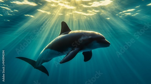 Critically Endangered Vaquita Porpoise Swimming, Searching for Food, Calm Sunlit Habitat, Unique Features Visible, Marine Environment