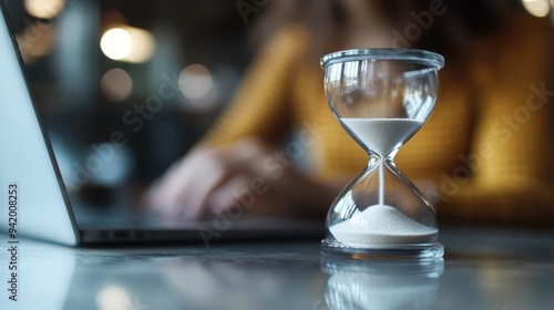 A clear glass hourglass with sand flowing down is placed next to a person working on a laptop, symbolizing the essence of time management and productivity in a modern workspace.