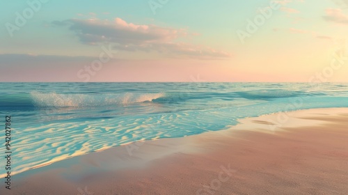 Late afternoon at the beach with serene sea and a soft sky gradient from blue to peach, creating a tranquil and peaceful dusk scene with gentle waves.