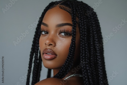 A close-up portrait of a beautiful black woman with long black braids. She has on a soft, natural makeup look with long lashes and lip gloss. The photo is shot from a slightly low angle, giving the vi