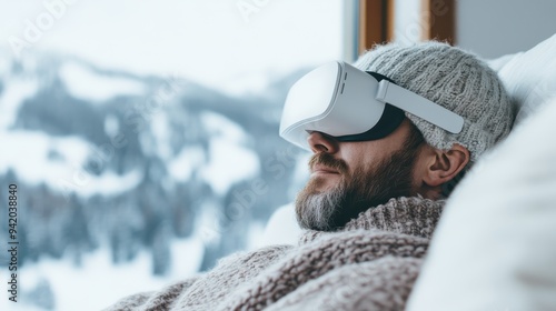 An individual relaxes indoors, immersed in a virtual reality experience using a VR headset, showcasing modern technology and virtual escapism against a snowy backdrop.