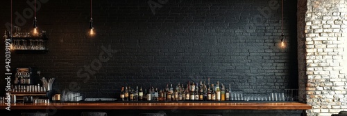 A modern bar interior with an exposed brick wall, warm lighting, and a wooden countertop. The space has a minimalist aesthetic and exudes a sense of sophistication and style.