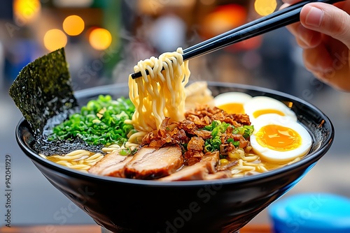 A close-up of a street vendor serving a steaming bowl of ramen, with noodles, broth, and a variety of toppings like eggs, seaweed, and pork belly