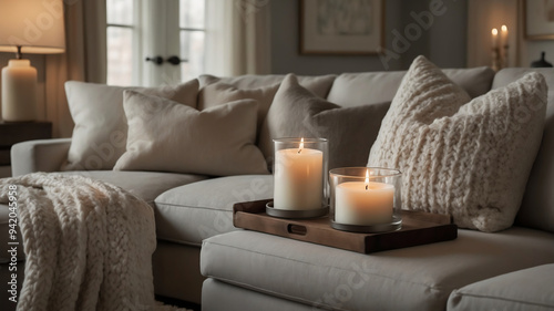 Welcoming Living Room with Plush Sofa, Lit Candles, and Textured Knit Accents