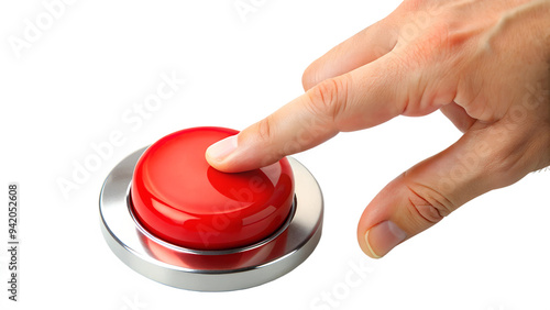 Finger pushing a bright red button, symbolizing urgency or critical action, close-up shot, transparent PNG file