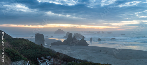 Sea stacks at sunset on the southern Oregon coast, Bandon, USA.