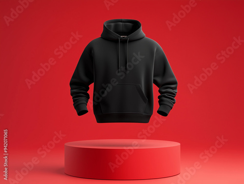 Blank Black Mockup Hoodie design floating above a podium with an isolated neutral red color background