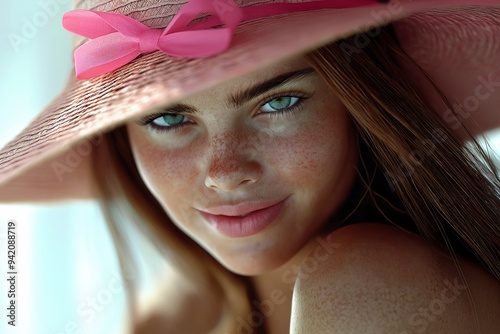 woman hat bow head freckled pale skin young wearing wide sunhat face city vampire freckles seductive smile fur